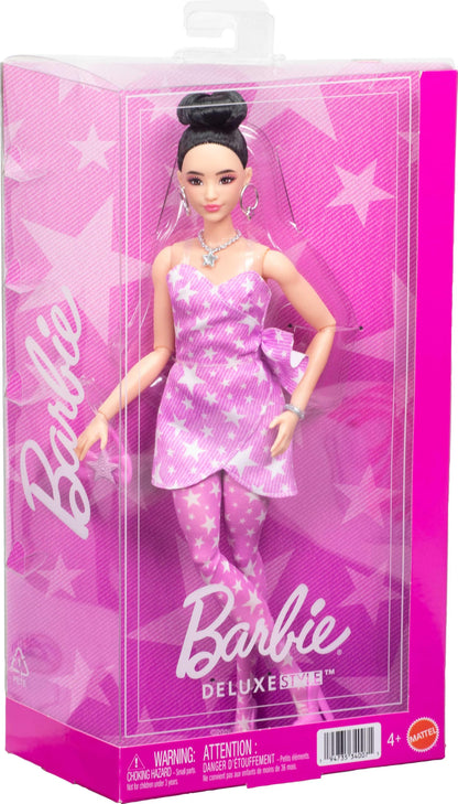 Barbie Deluxe Style Doll #11 in Pink Denim Star-Print Dress with Matching Tights, Black Hair in High Bun, Accessories like Handbag and Jewelry, JJN71