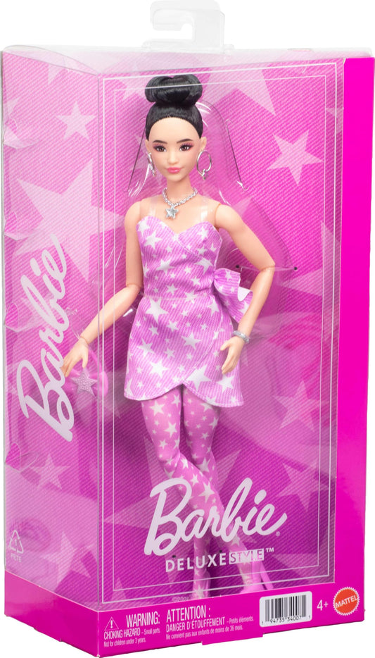 Barbie Deluxe Style Doll #11 in Pink Denim Star-Print Dress with Matching Tights, Black Hair in High Bun, Accessories like Handbag and Jewelry, JJN71