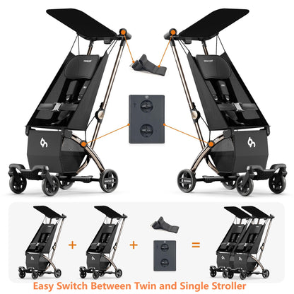 Beberoad R1 Auto-Fold Double Stroller Tandem Pushchair, Ultra Compact Double Pushchair Buggy Pram for Babies Over 6 Months, Side by Side Pram, Can Turn into Two Single Strollers, Only 23.5 lbs, Black