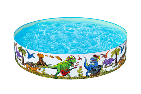 Bestway dinosaur paddling pool, inflatable kiddie swimming pool in outdoor garden setting, measuring 183cm x 38cm.
