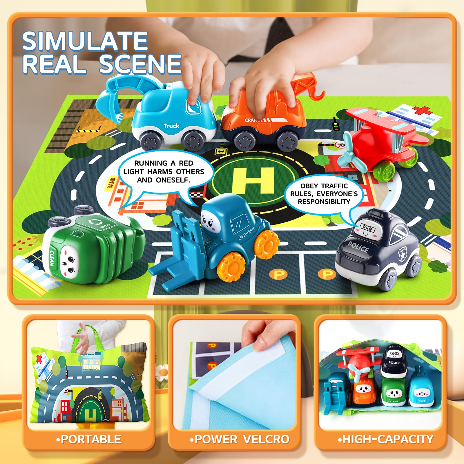 Six cartoon truck and car toys with cranes and tractors, stored in a playmat and storage bag, suitable for toddlers and young boys.