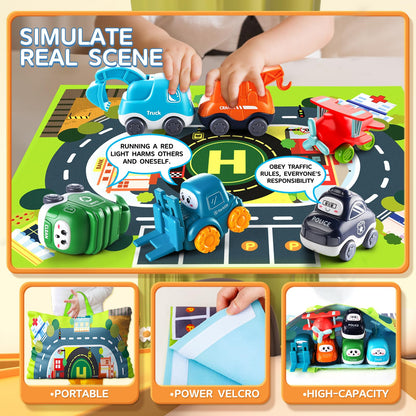 Six cartoon truck and car toys with cranes and tractors, stored in a playmat and storage bag, suitable for toddlers and young boys.