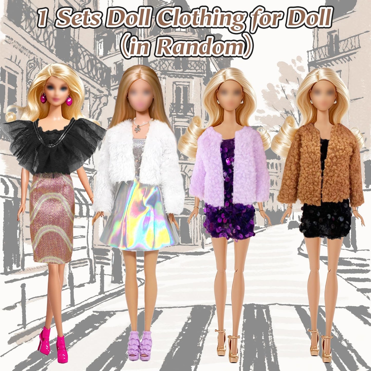 Carreuty 14-piece doll clothes set for 11.5-inch Barbie dolls includes coats, skirts, jackets, jumpsuit, trousers, and shoes.