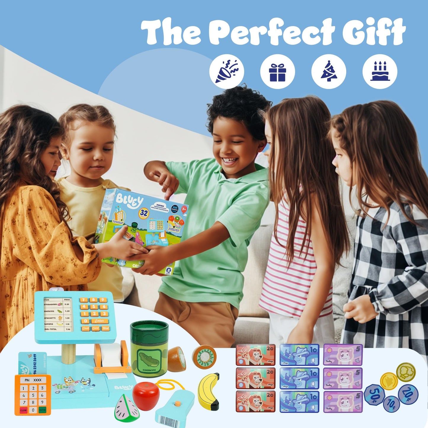 Bluey cash register toy with scanner, play money, food accessories, credit card, and sounds for kids' pretend shop play.
