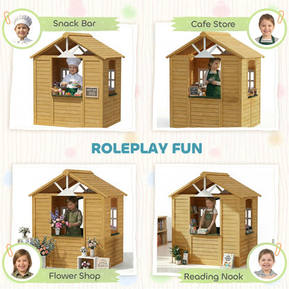 AIYAPLAY wooden kids playhouse with door, three windows, flower boxes, suitable for outdoor or indoor play for children ages 3-8