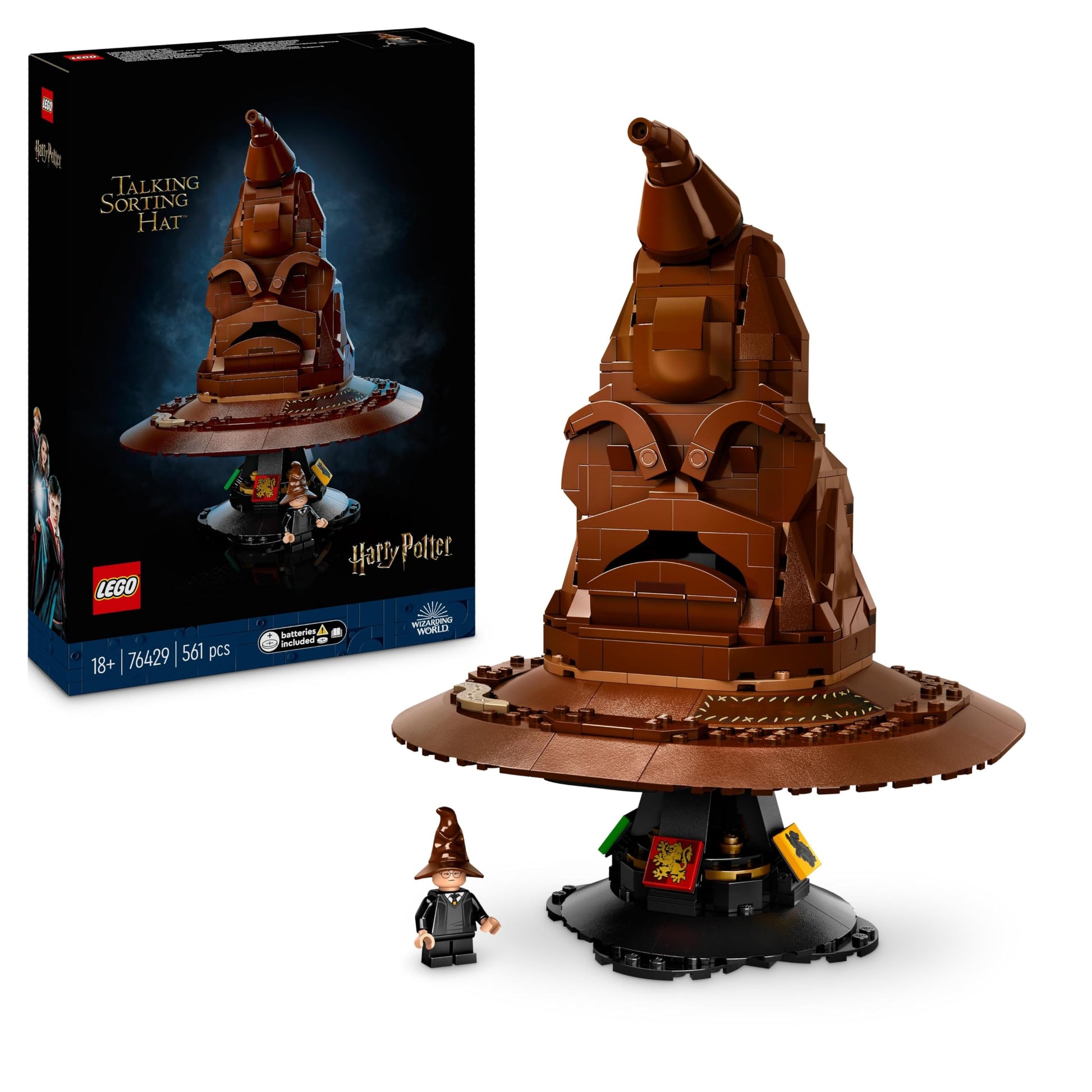 LEGO Harry Potter Sorting Hat set with character minifigure and sound features, ideal for adult builders and fans.