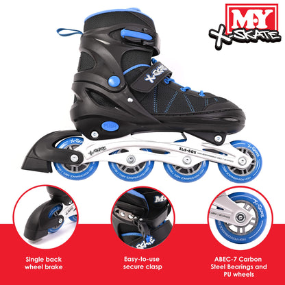 M.Y X-Skate Adjustable Blue Inline Roller Skates with Built In Adjusters Kids Roller Boots for Boys & Girls - Medium