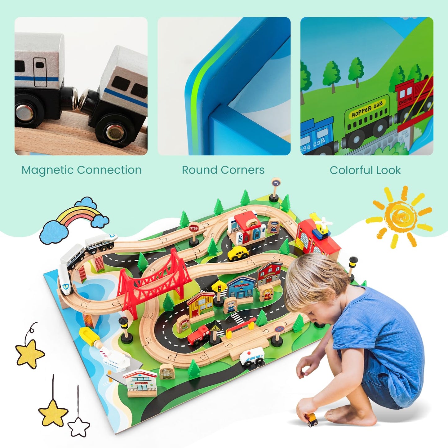 COSTWAY Train Track Set and Table, Wood Kids Play Tables with Abundant Accessories, DIY Railway Activity Playset for Boys Girls