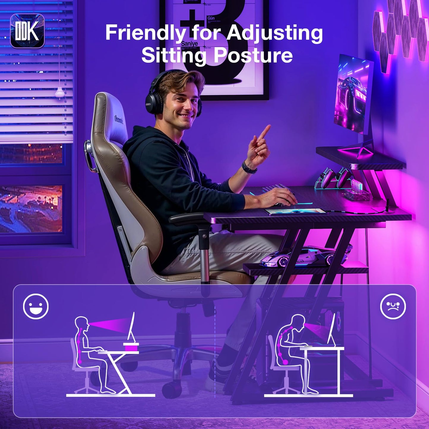 ODK Gaming Desk with LED Lights & Power Outlets, 120CM Computer Desk with Monitor Stand, Corner Desk with Hook & Storage, L Shaped Gaming Desk Carbon Fiber Black