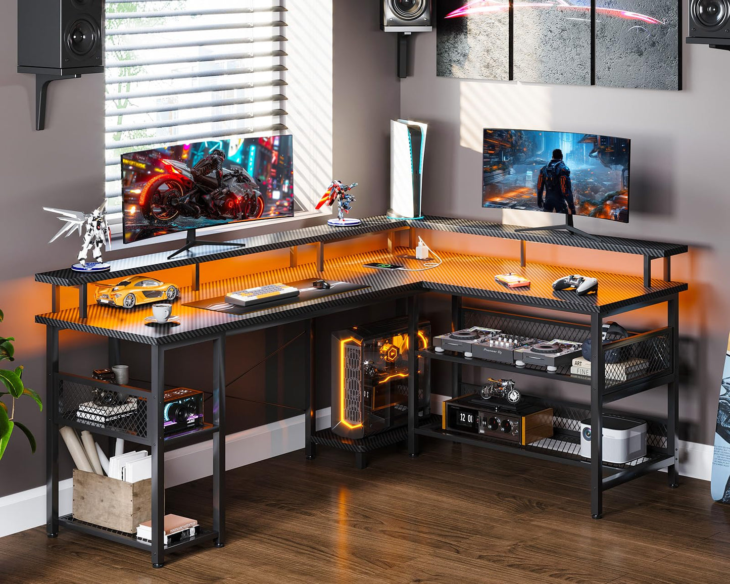 ODK L Shaped Gaming Desk with LED Lights & Power Outlets, 168×120cm Reversible Corner Desk with Storage Shelves, Computer Desks with Monitor Stand, Carbon Fiber Black