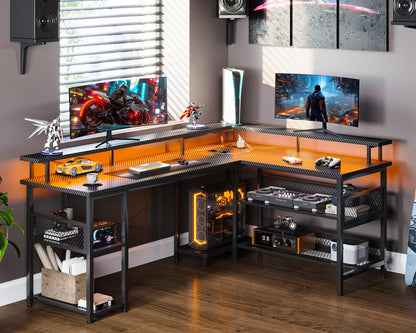 ODK L Shaped Gaming Desk with LED Lights & Power Outlets, 168×120cm Reversible Corner Desk with Storage Shelves, Computer Desks with Monitor Stand, Carbon Fiber Black