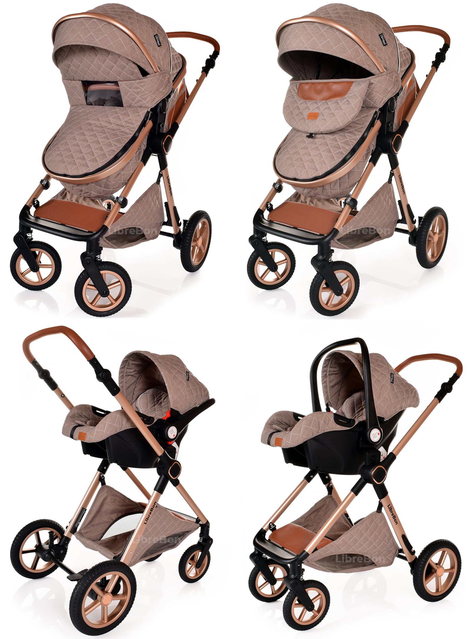 Boneelook 3-in-1 baby buggy pram stroller with beige fabric and rose gold aluminum frame, lightweight foldable travel system for newborns.