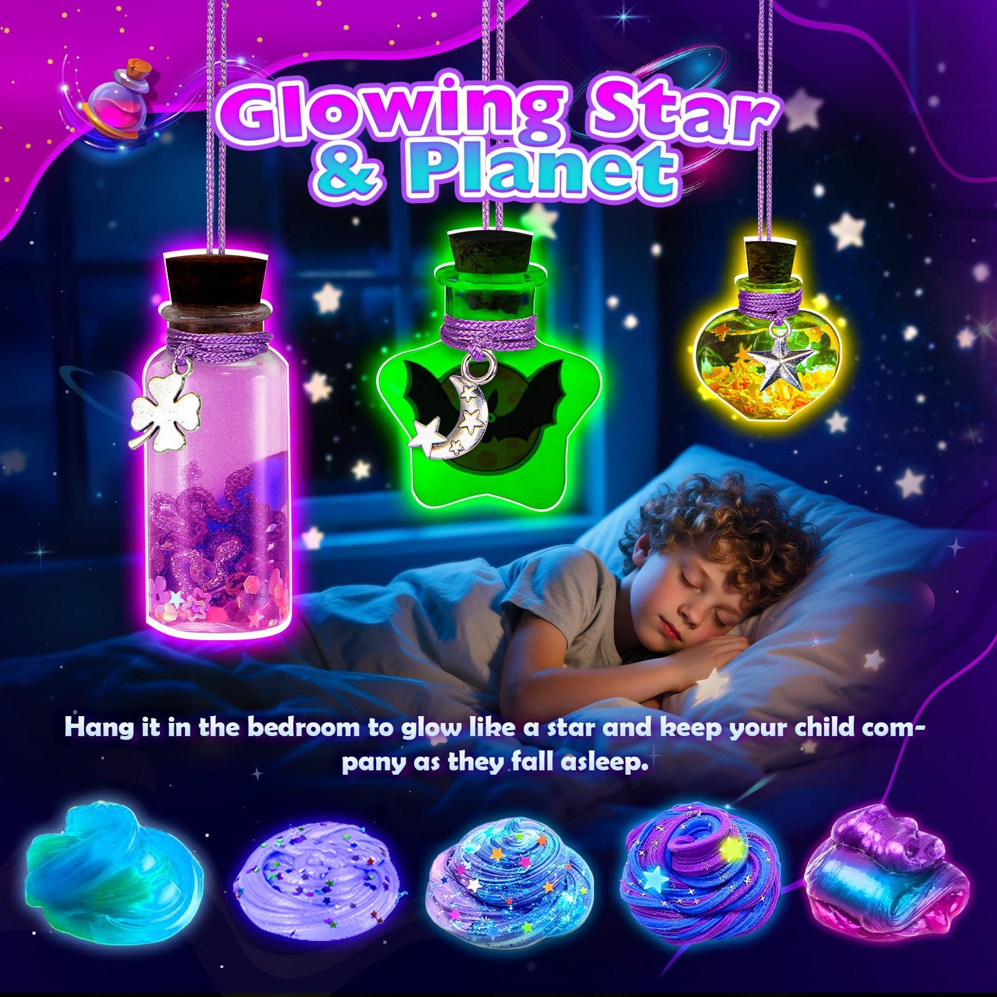 iKidiki galaxy slime making kit with colorful fluffy slime and magic potion bottles for kids aged 6 to 12, fun DIY slime toy.