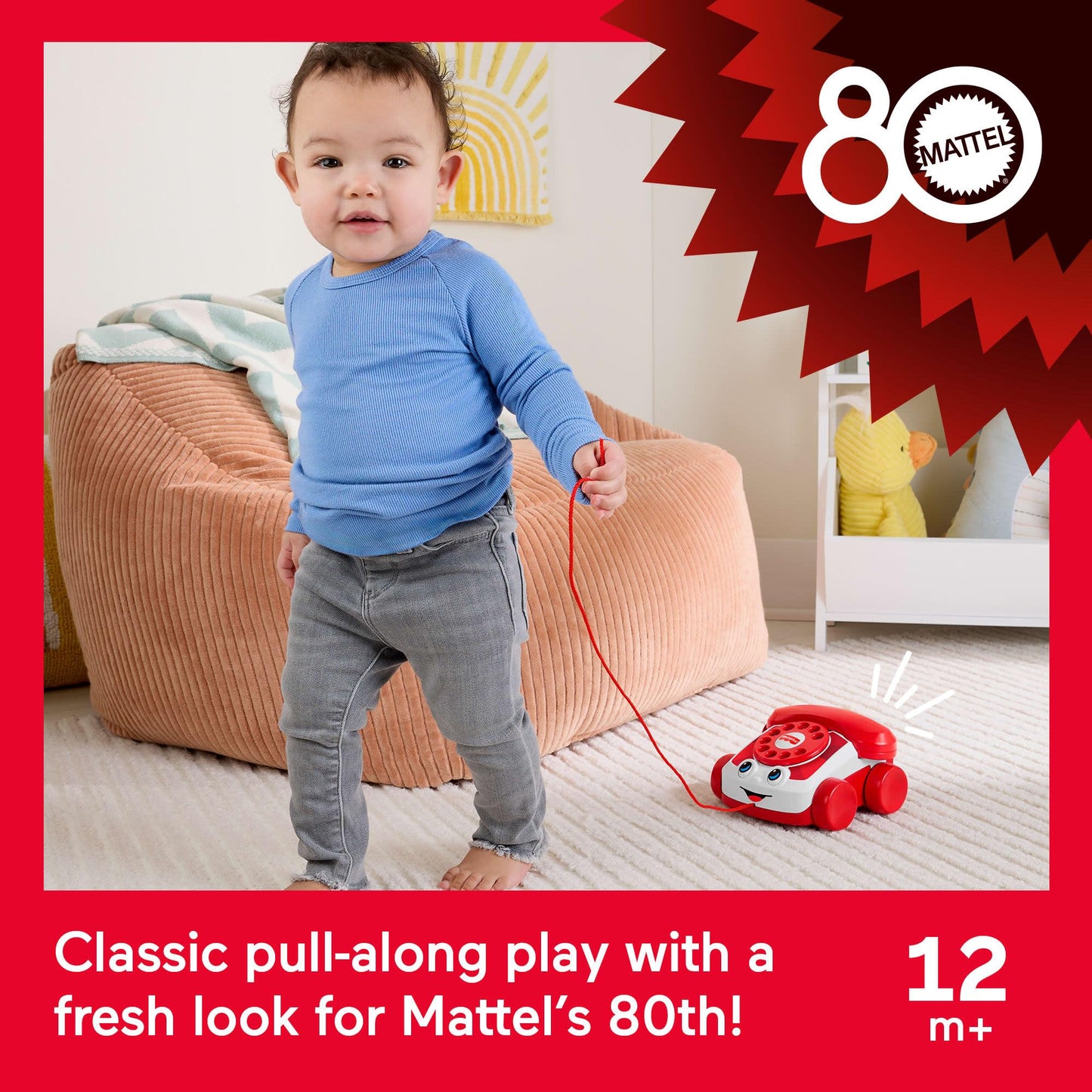 Fisher-Price Red Chatter Telephone toy for infants and toddlers, Mattel 80th Anniversary Edition, pull-along activity for ages 1+