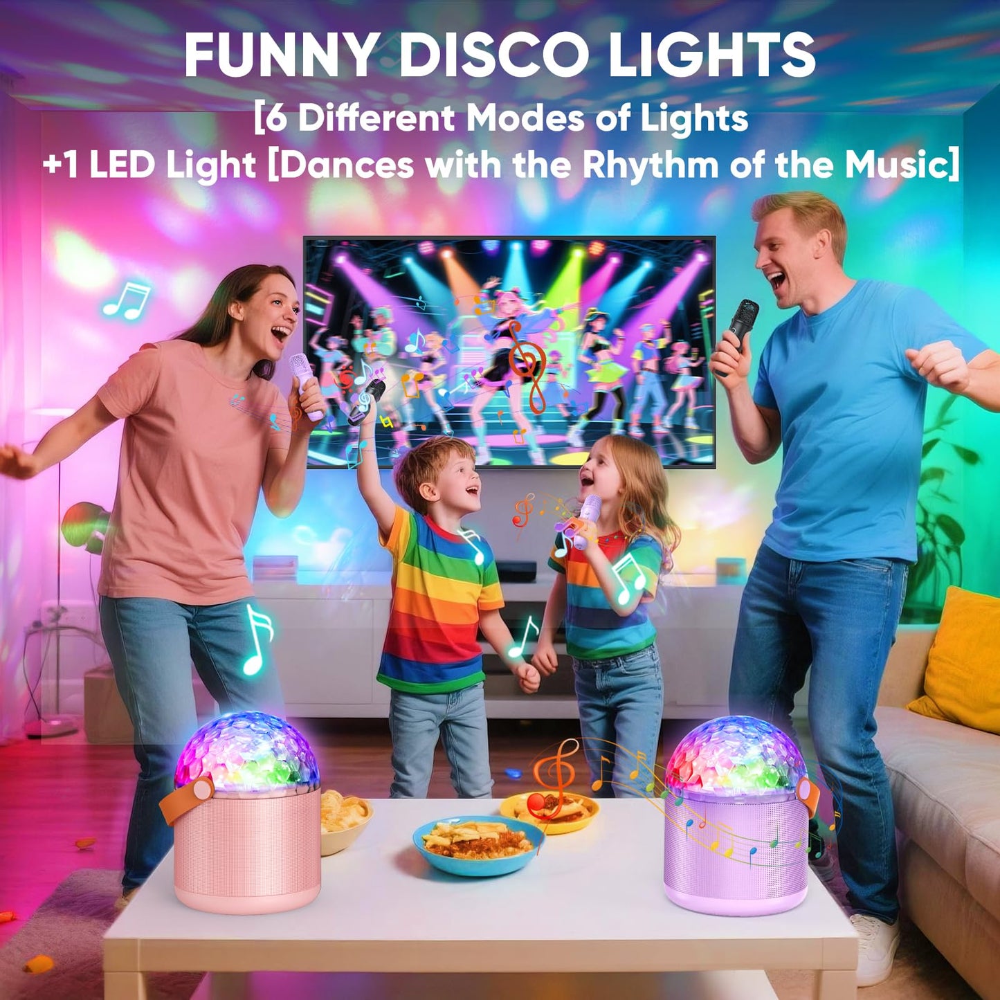 Dislocati mini karaoke machine with two microphones, LED disco lights, suitable for girls and kids’ birthday and party fun.