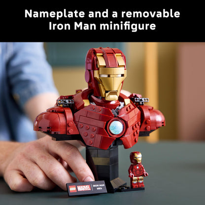 LEGO Marvel Iron Man MK4 bust model with Tony Stark minifigure, shoulder cannons, and rotating head display.