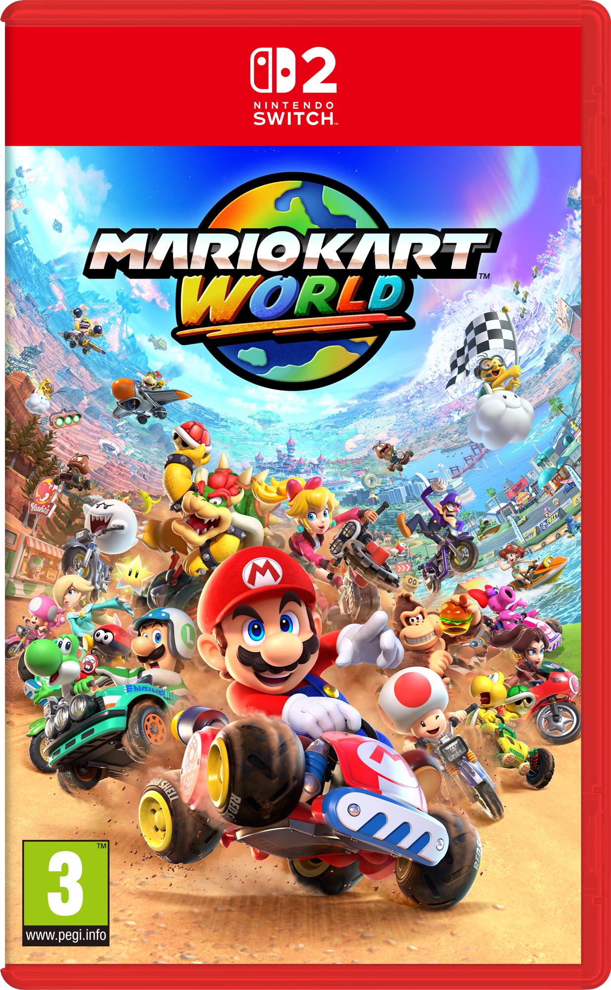 Nintendo Mario Kart World game box featuring colorful racing characters and vibrant racing scene artwork.