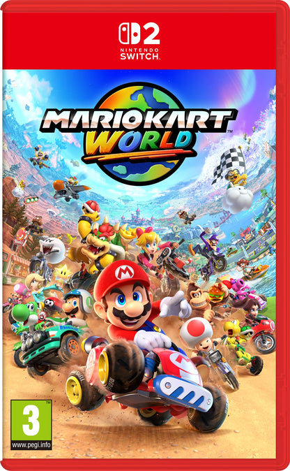 Nintendo Mario Kart World game box featuring colorful racing characters and vibrant racing scene artwork.