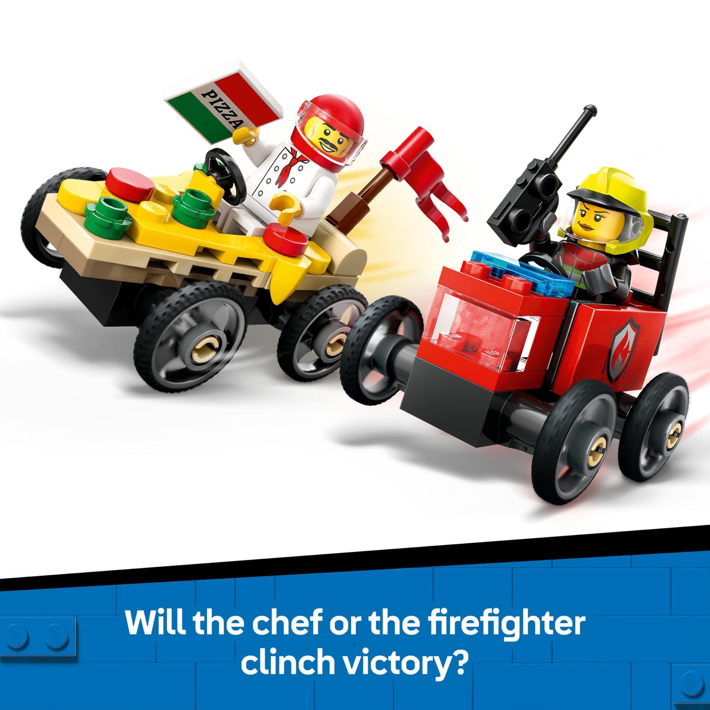 LEGO City pizza and fire truck race car set with two minifigures, designed for kids aged 5 and up.