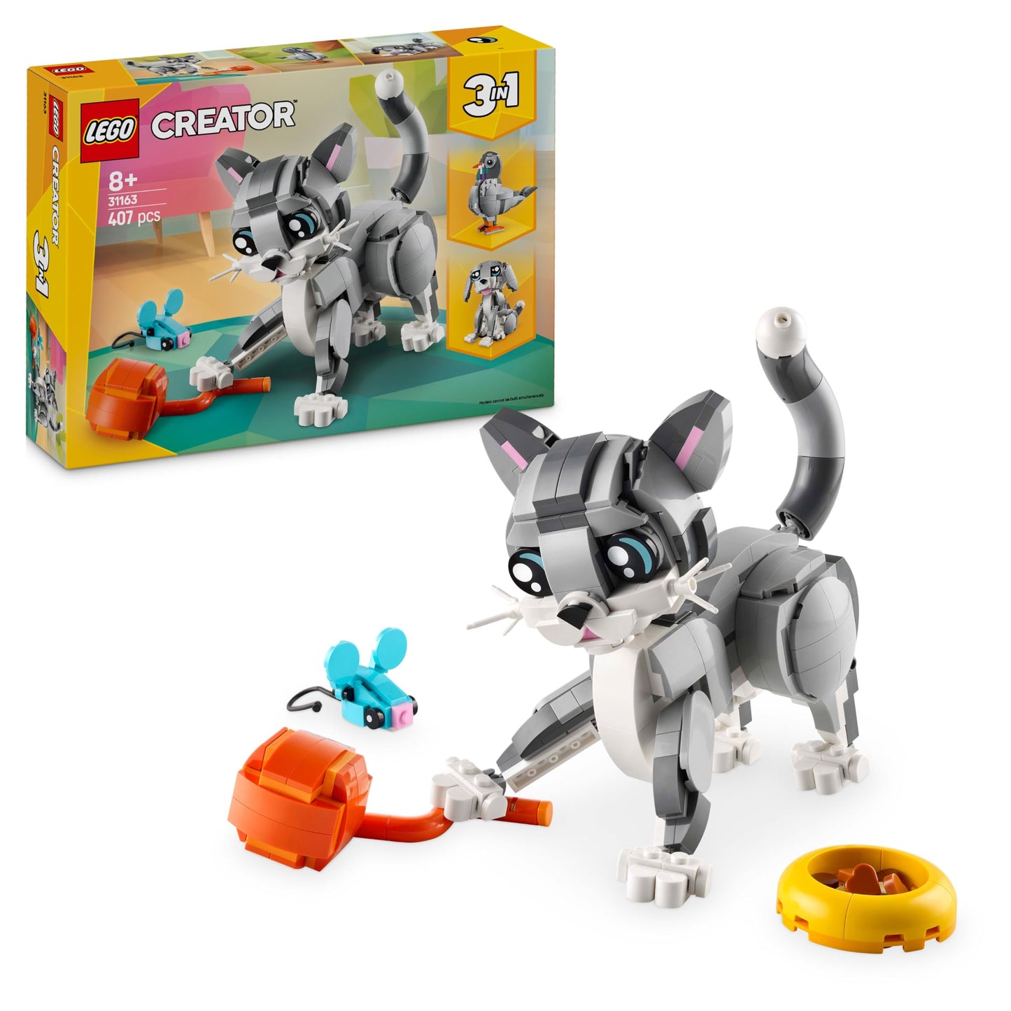 LEGO Creator 3in1 Playful Cat Toy model showing cat, pigeon, and pet dog figures for kids aged 8 and up.