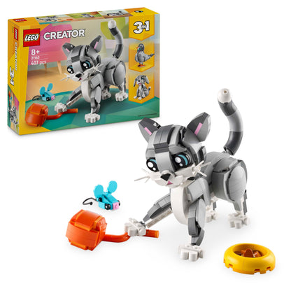 LEGO Creator 3in1 Playful Cat Toy model showing cat, pigeon, and pet dog figures for kids aged 8 and up.
