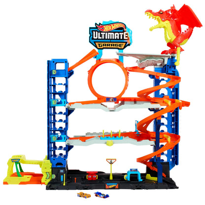 Hot Wheels Let's Race City Ultimate Garage Playset with 4 levels, 2 die-cast cars, and toy storage for 50+ cars.
