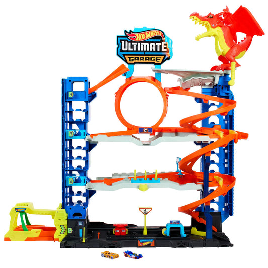 Hot Wheels Let's Race City Ultimate Garage Playset with 4 levels, 2 die-cast cars, and toy storage for 50+ cars.