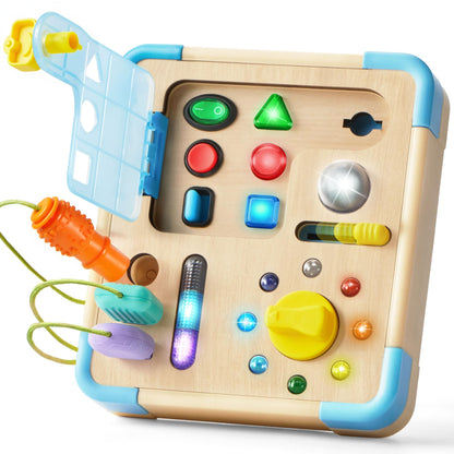 lalalark Montessori Busy Board,Baby Sensory Learning Toy, Wooden Toy Activity Board with 15 LED Lights & 9 Sound Effects Motor Skills,Baby Girls Boys Gifts