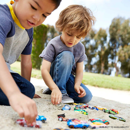 Set of 20 Hot Wheels cars and trucks in assorted styles, showcasing race, sport, and rescue vehicles in 1:64 scale.