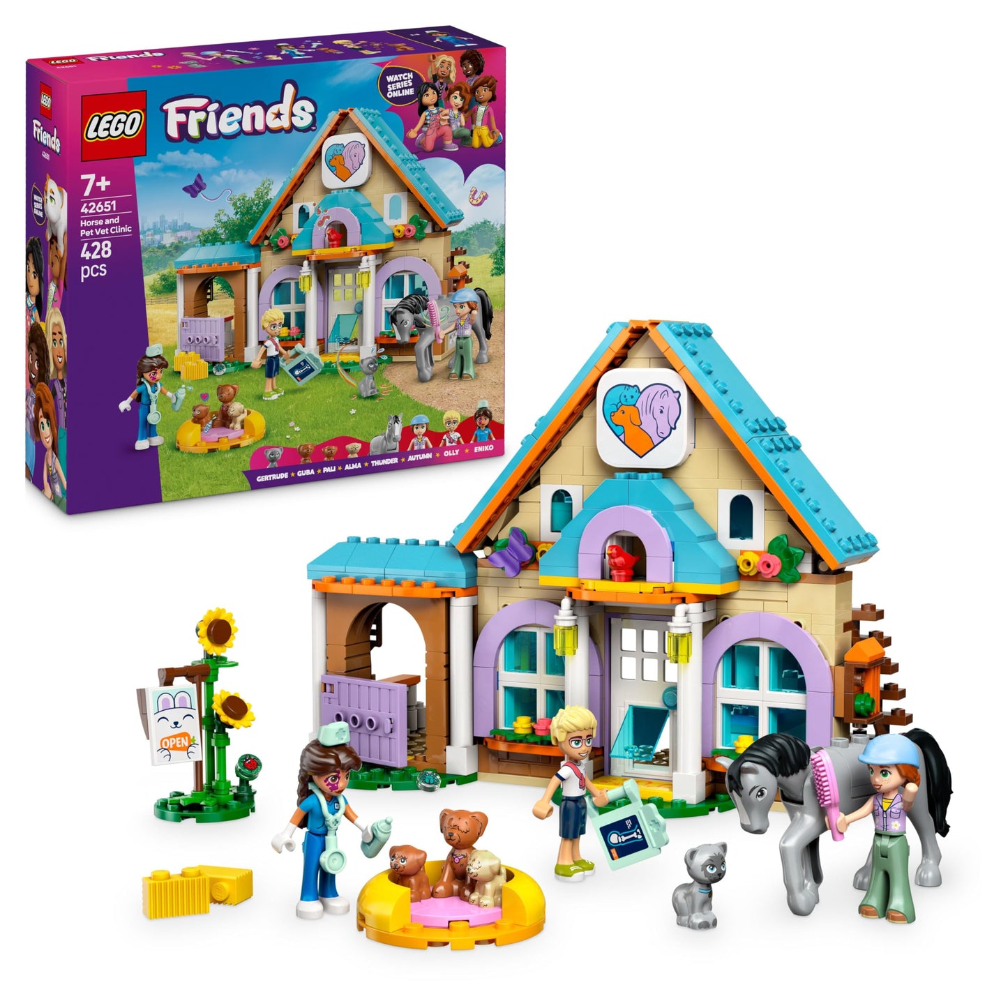 LEGO Friends Horse and Pet Vet Clinic Toy with horse, cat, dog figures, mini dolls, stable, and accessories on display.