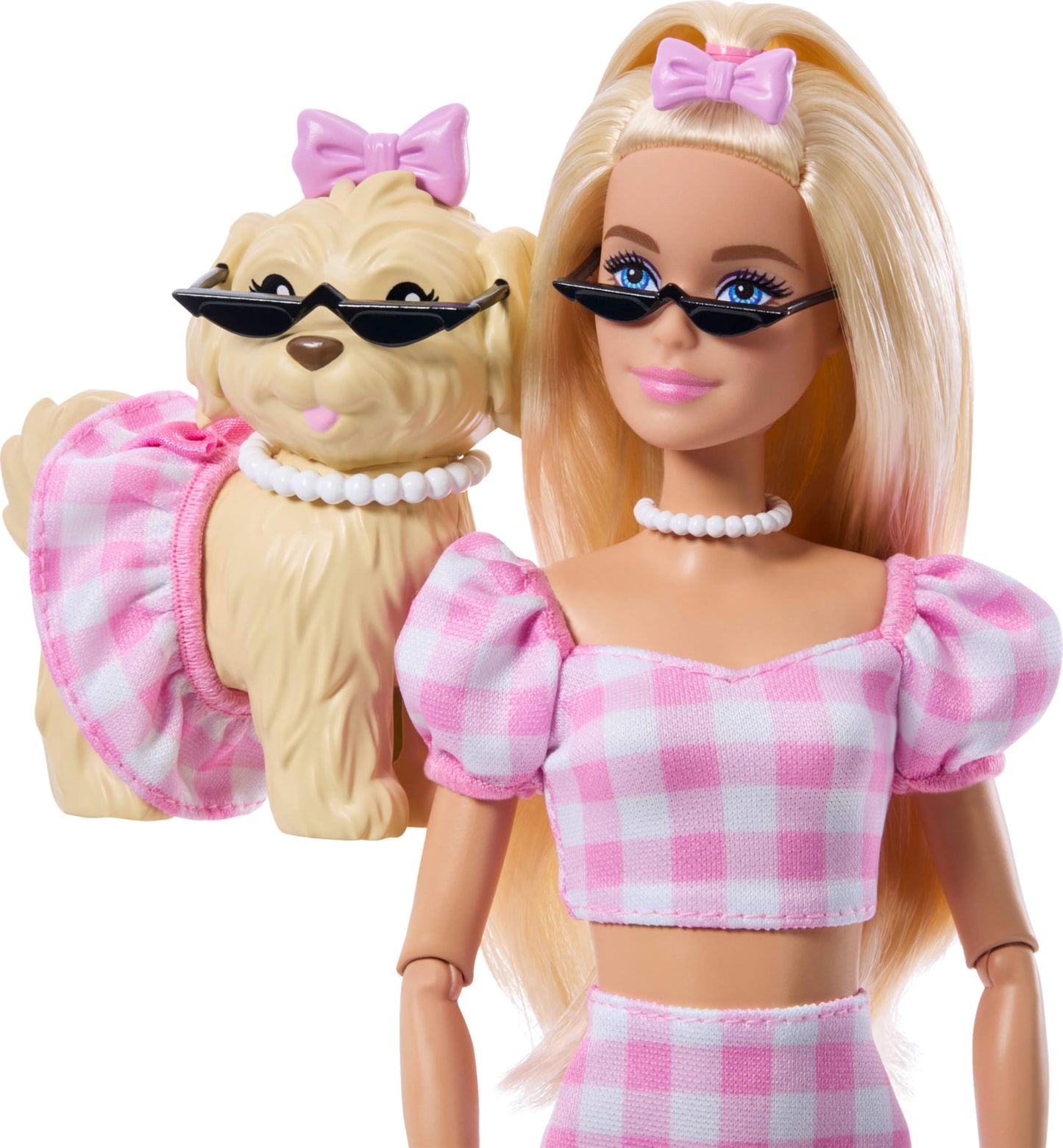 Barbie Twinning Looks Doll with blonde hair and pet dog in matching pink gingham outfits with accessories like sunglasses and bows.