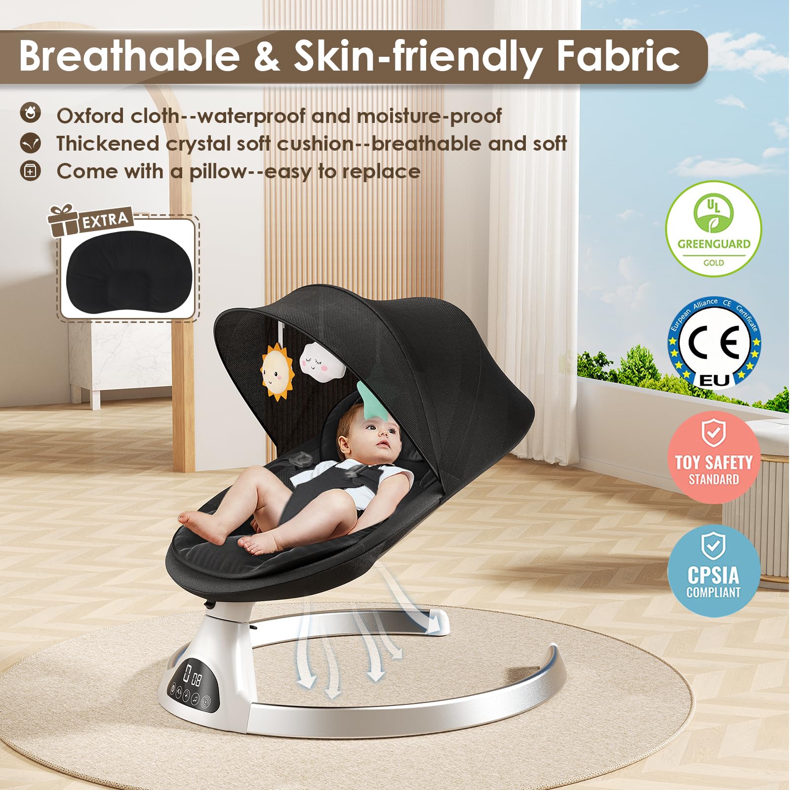 Ixdregan electric baby bouncer chair with soft padding, Bluetooth remote, 5 swing speeds, 3 timers, and 10 lullabies in black.