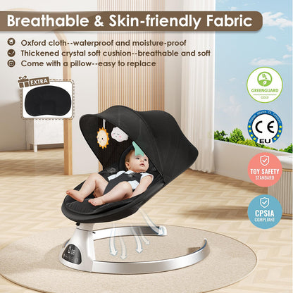 Ixdregan electric baby bouncer chair with soft padding, Bluetooth remote, 5 swing speeds, 3 timers, and 10 lullabies in black.