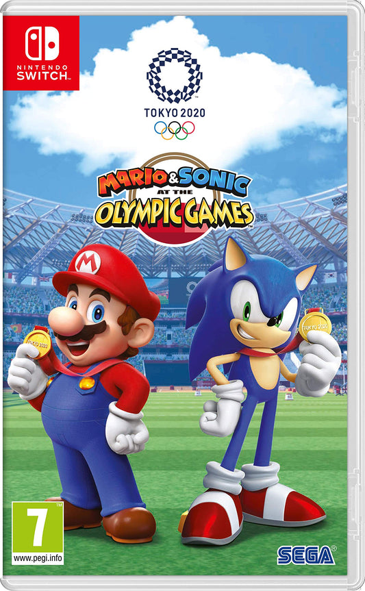 Nintendo Mario and Sonic characters at the Olympic Games Tokyo 2020 in-game screenshot showing colorful sports scenes and vibrant character models.