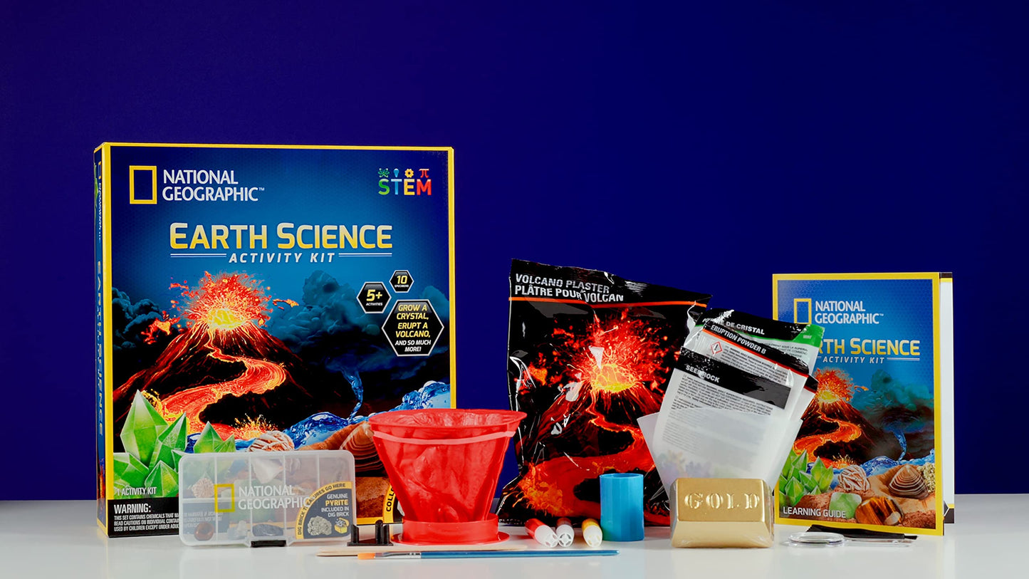National Geographic Earth Science Experiment Kit with rocks, gems, and activities for kids exploring STEM and geology.