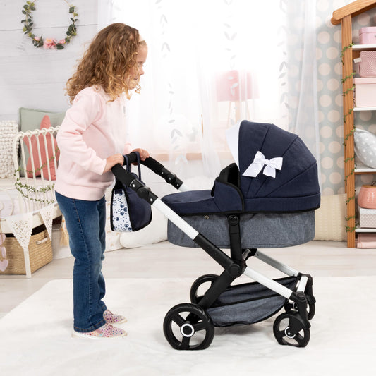 Bayer Baby Dolls Pram XEO in navy blue with ribbon, convertible doll pushchair, carrycot, changing bag, adjustable handle for girls