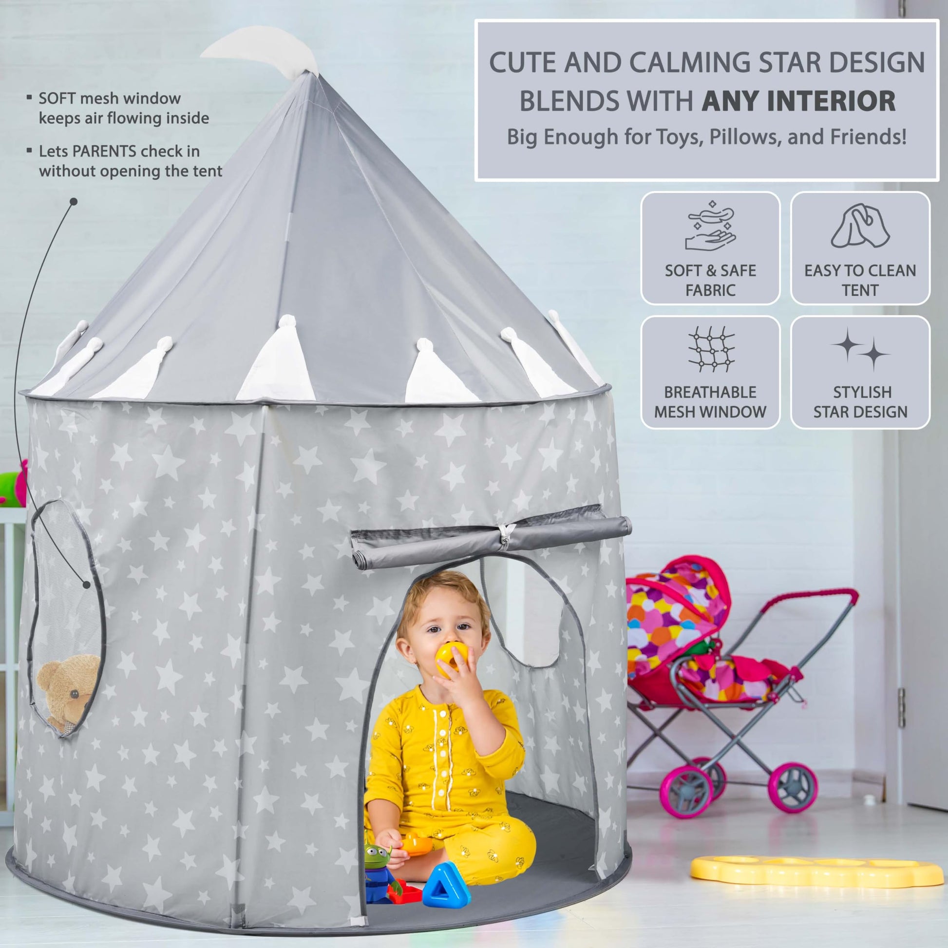 Gray Crystals Kids Pop Up Play Tent featuring a princess castle design, foldable sensory playhouse for children.