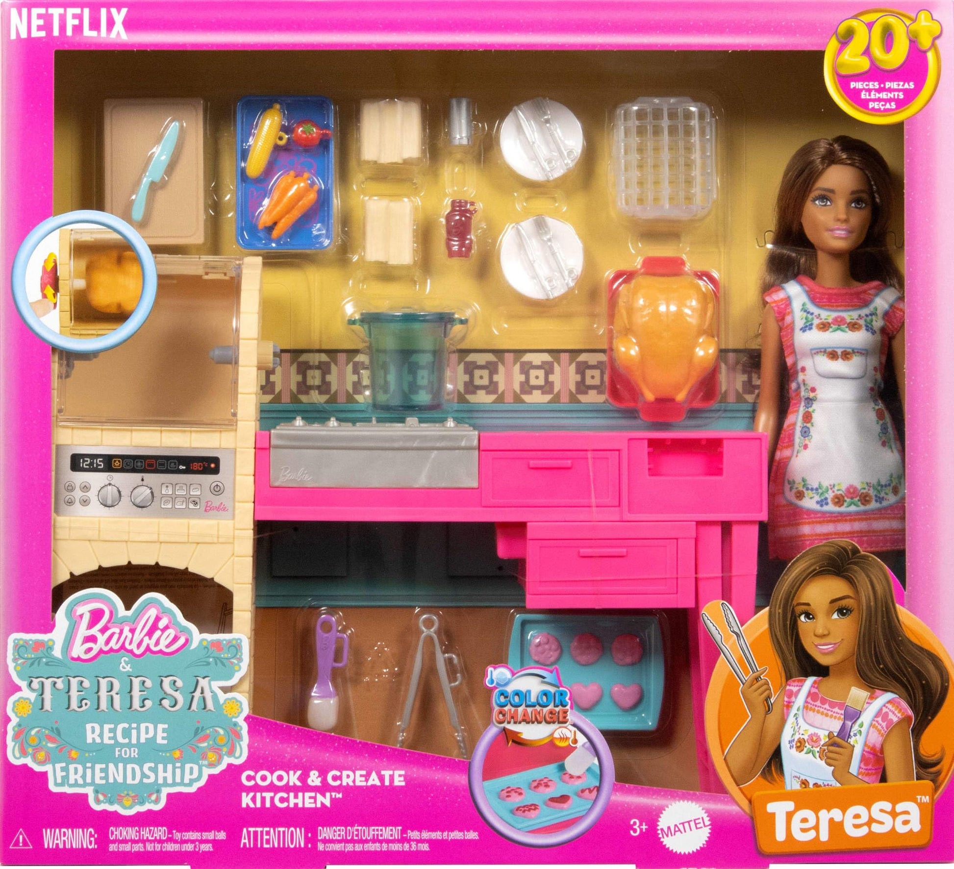 Barbie and Teresa Recipe for Friendship fashion dolls with kitchen playset, accessories, and color-change cookies for imaginative play