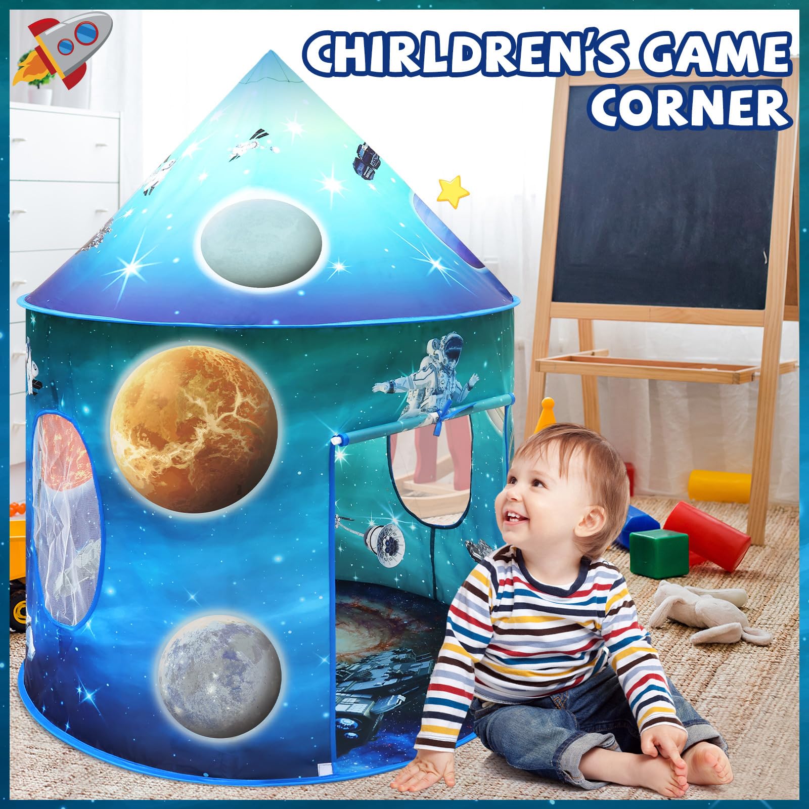 Kids astronaut galaxy play tent by MEERO LONDON, large foldable space-themed pop-up playhouse for toddlers and children indoors or outdoors.