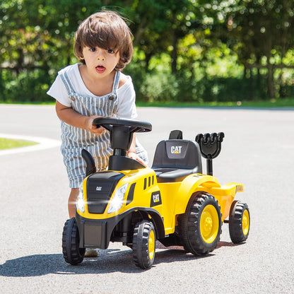 COSTWAY Kids ride-on tractor with LED lights, horn, detachable trailer, rake, shovel, and foot-to-floor design for toddlers 12-36 months.