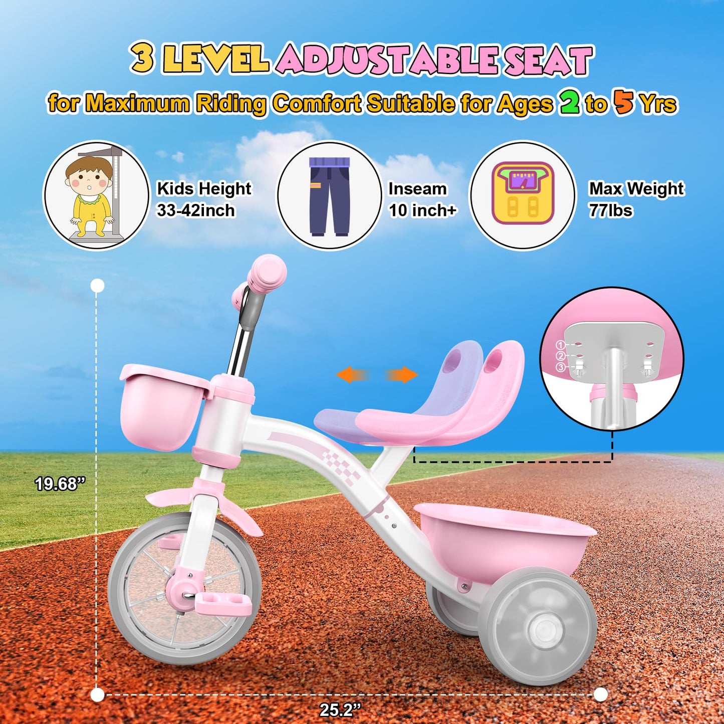 HappyGoLucky Pink Tricycles Toys for 2-5 Year Old Girls Gifts, Balance Bike 2 3 4+ 5 Year Old with 3 Colorful Lighting Wheels & Adjustable Seat, Baby Toddler Kids Cycle Trikes Bike Girls Toys Age 2-5
