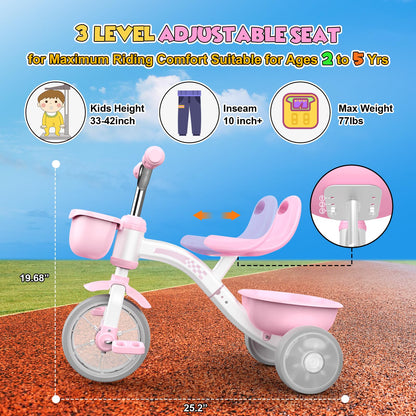 HappyGoLucky Pink Tricycles Toys for 2-5 Year Old Girls Gifts, Balance Bike 2 3 4+ 5 Year Old with 3 Colorful Lighting Wheels & Adjustable Seat, Baby Toddler Kids Cycle Trikes Bike Girls Toys Age 2-5
