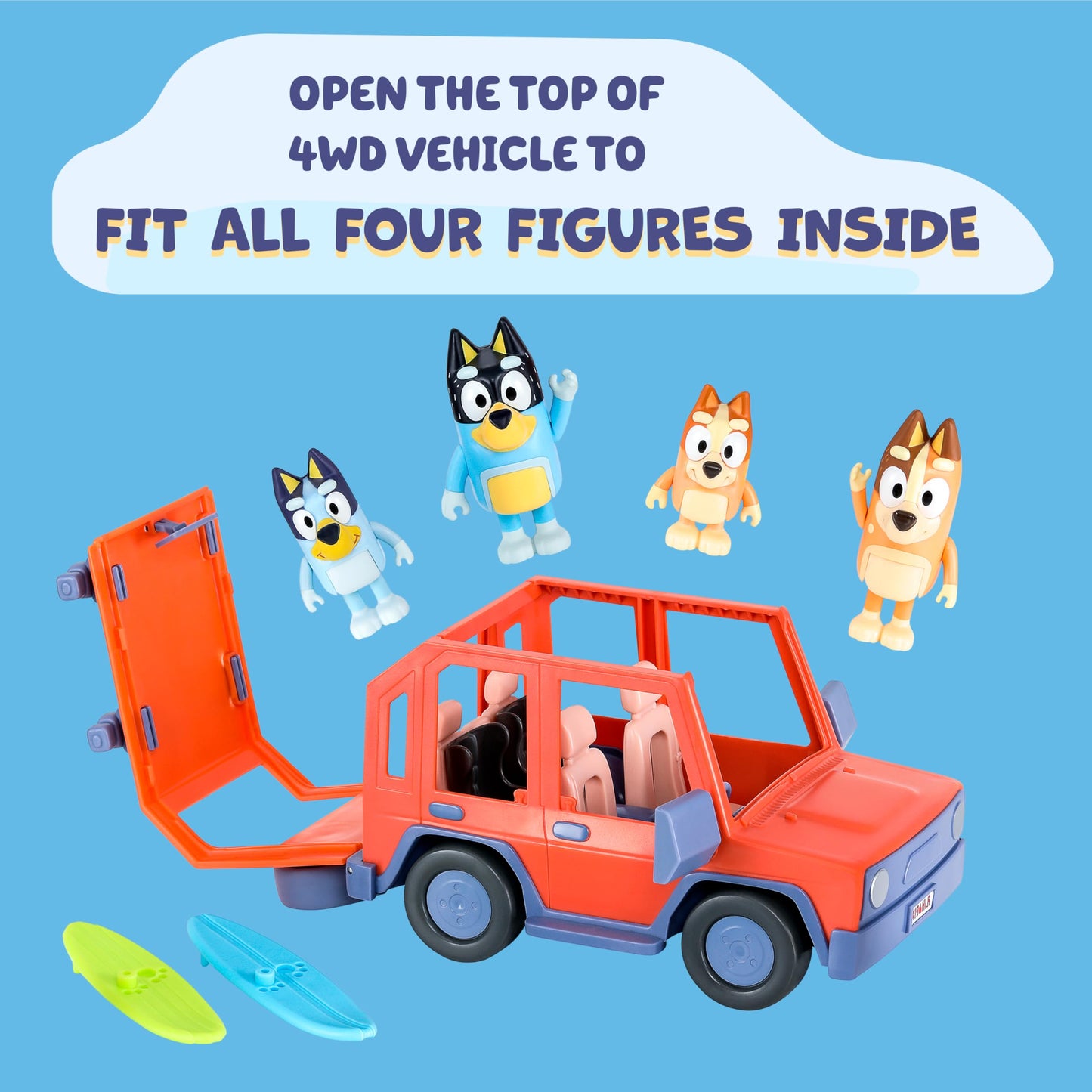 Bluey Heeler Family 4WD Vehicle and 4 Figure Pack, 2.5-3 Inch Figures, 2 Surfboards Accessories and Stickers Amazon Exclusive