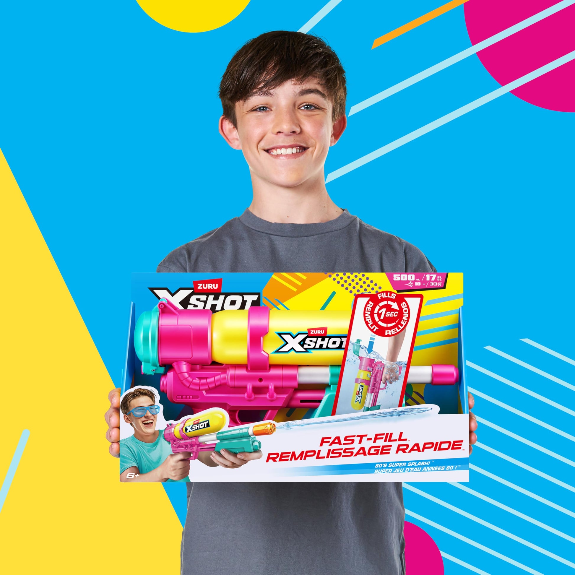 XSHOT Water Fast-Fill 80s Super Splash water blaster in purple with 33ft range and 500ml tank, outdoor summer water toy for kids