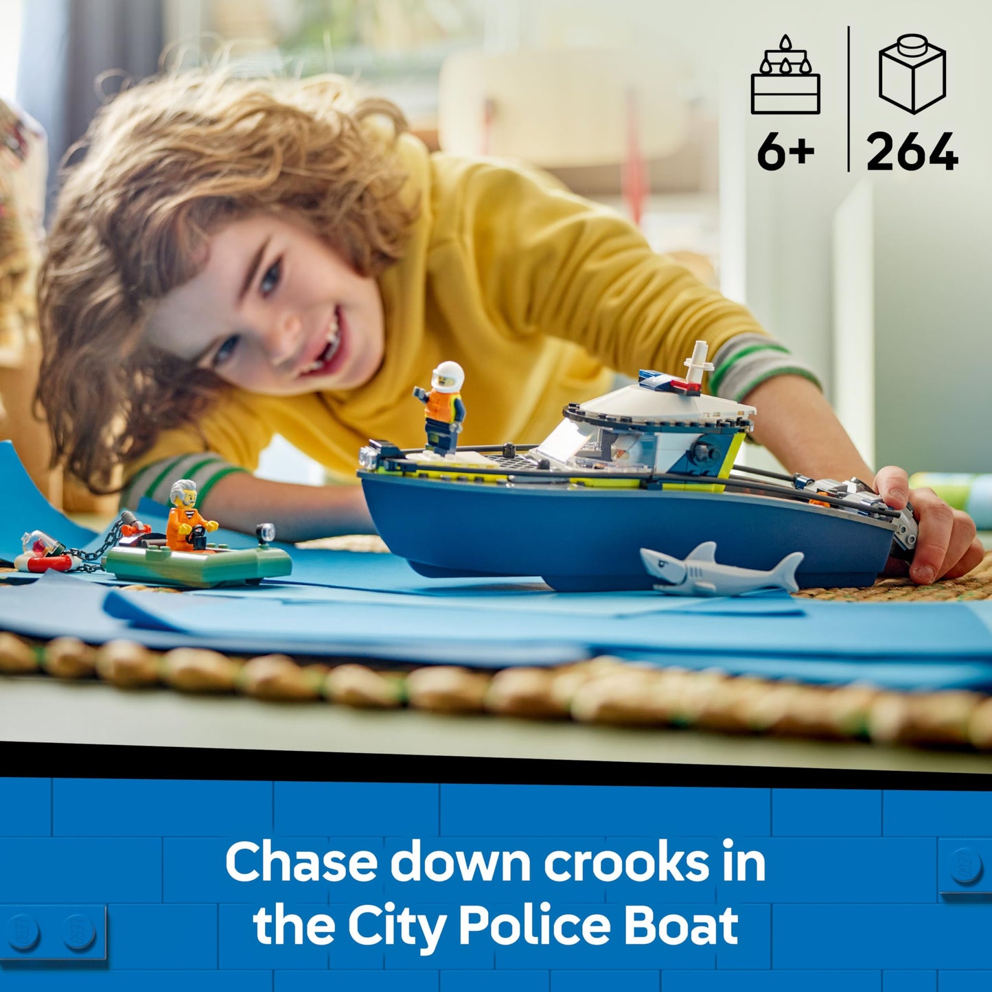 LEGO City Police Boat Chase Set - incl. 2 Boat Toys, 3 Minifigures & a Shark Animal Figure - Gift for 6+ Year Old Boys & Girls - 60456