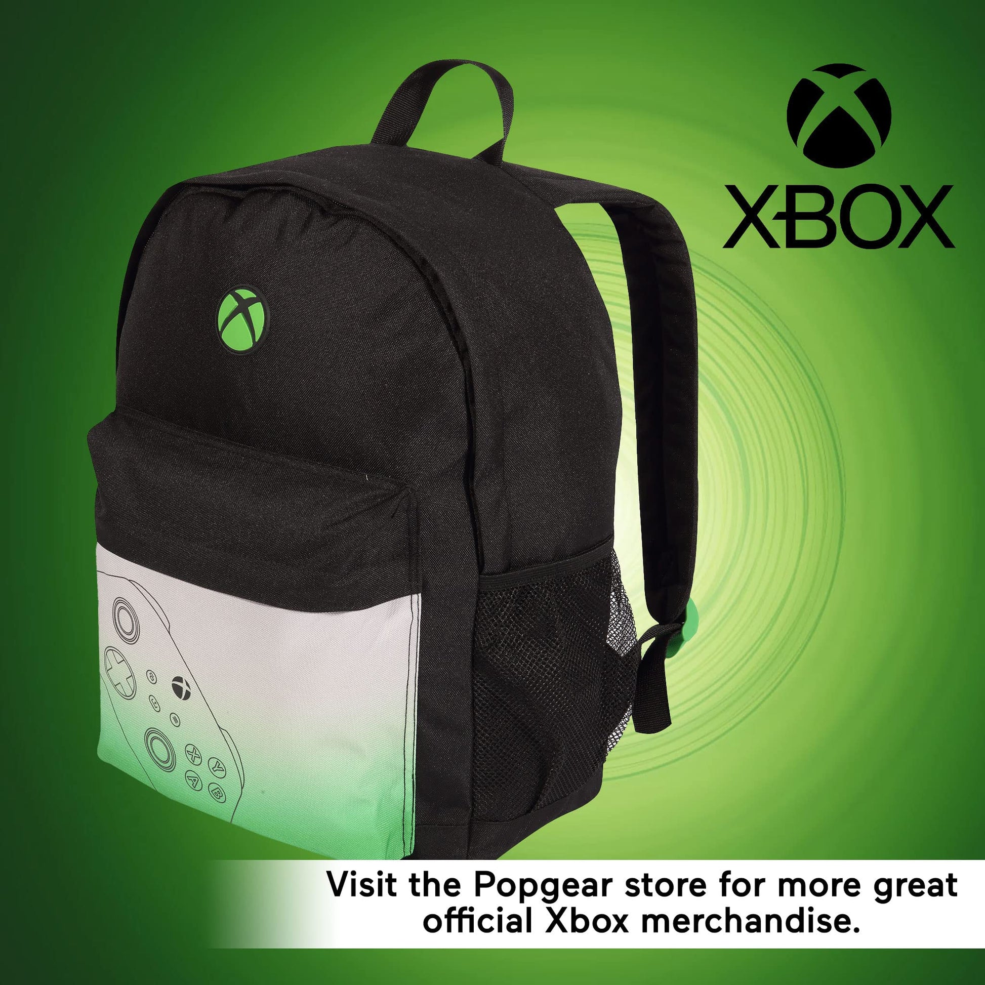 Green and black Popgear Xbox controller backpack for kids, featuring official gaming merchandise design.