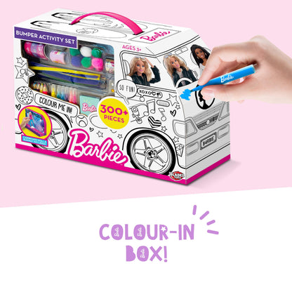 BLADEZ Barbie Bumper Activity Set with pens, stickers, and color-in camper van in a colorful arts and crafts layout.