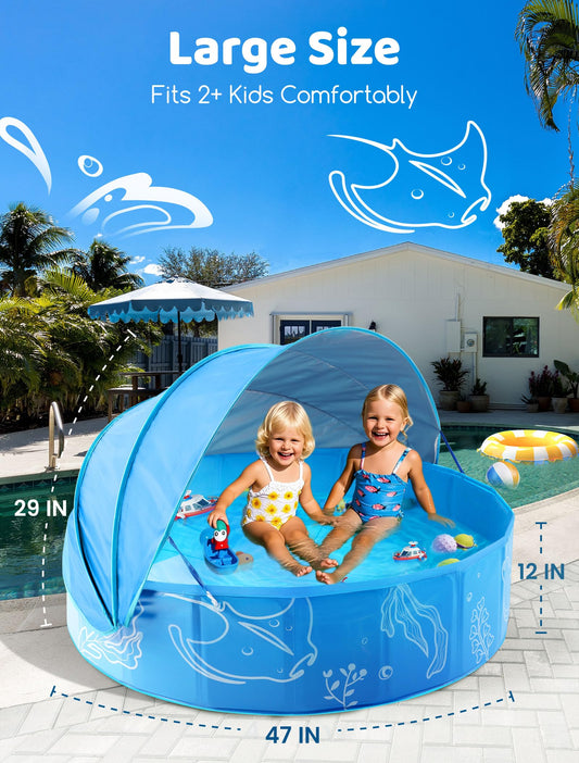 Hikiddy Paddling Pool with Shaded: 47in Pop-Up Splash Pool with Shade for Summer Beach Garden (Blue, 47in)