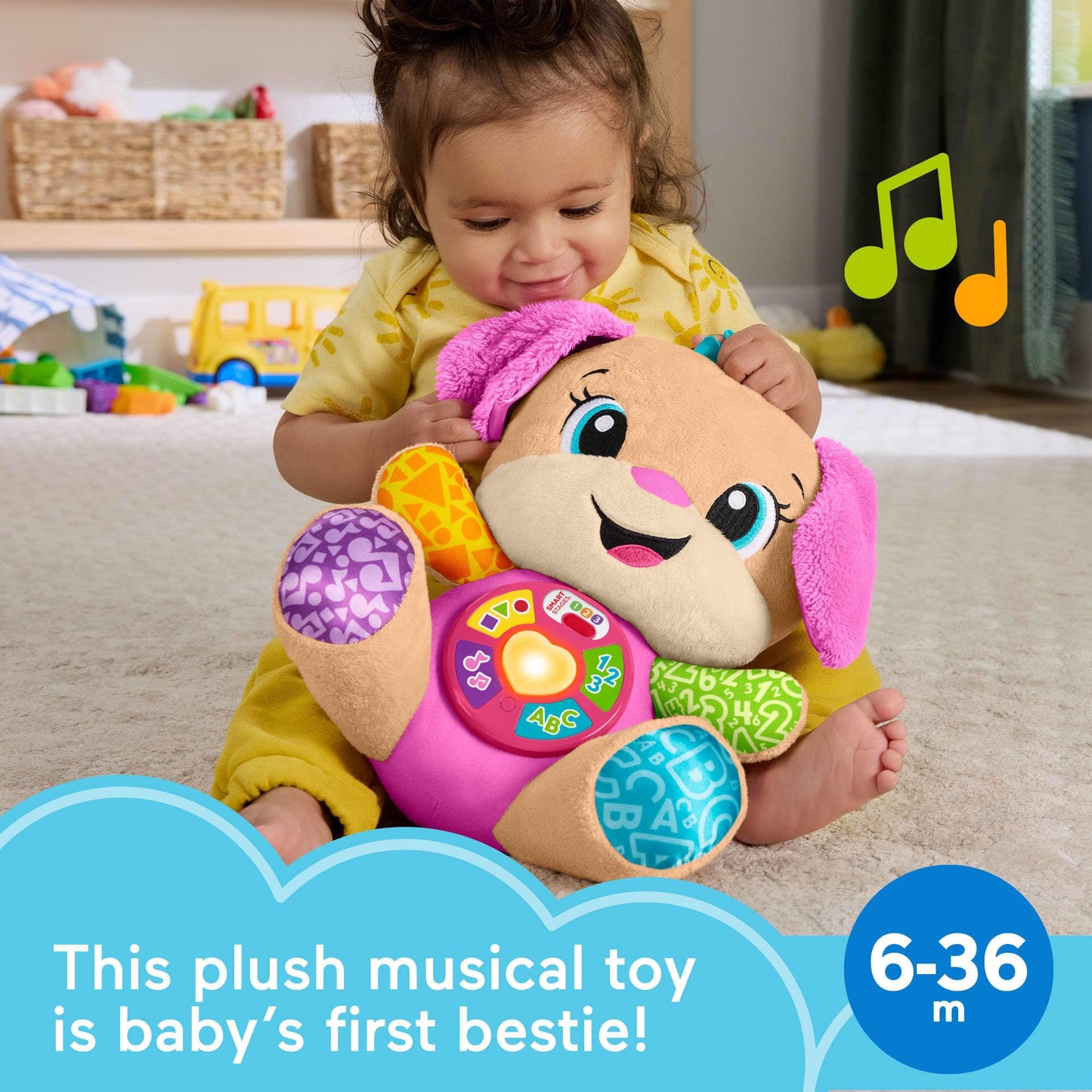 Fisher-Price Laugh & Learn Smart Stages Sis plush baby toy with lights and learning songs for infants aged 6 months and up.