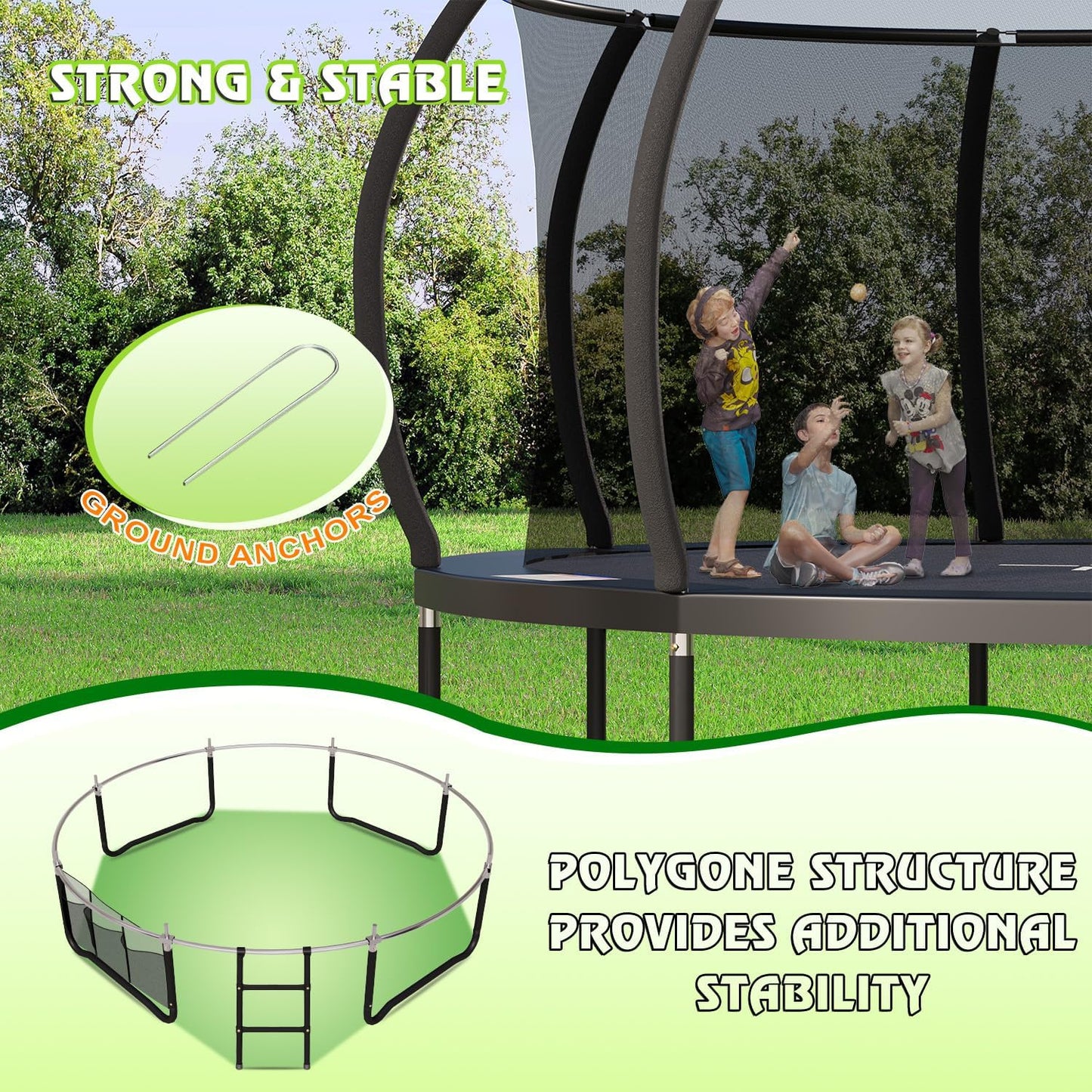 Devoko outdoor garden trampoline with safety net, non-slip ladder, shoe organizer, suitable for toddlers and adults, up to 150kg.